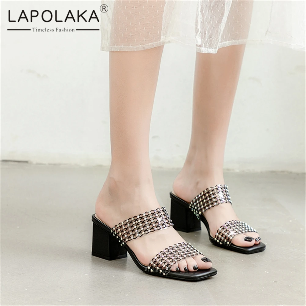 

Lapolaka Fashion Hot Sale INS Shoes Woman Pumps Mules Slip On Chunky Heels Rivet Bling Pumps Mules Woman Shoes Footwear