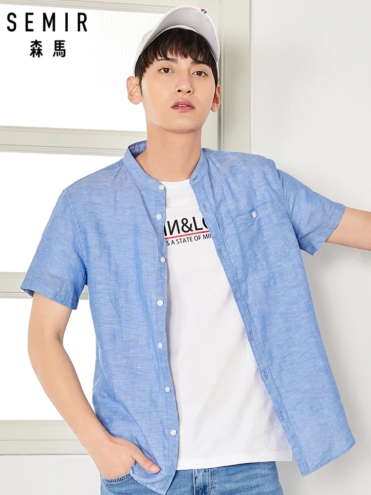 سمير رجل لينة القطن الكتان ياقات قميص الرجال قصيرة الأكمام قميص في ريجوالر صالح الرجال عارضة قميص الذكور أعلى ملابس الصيف