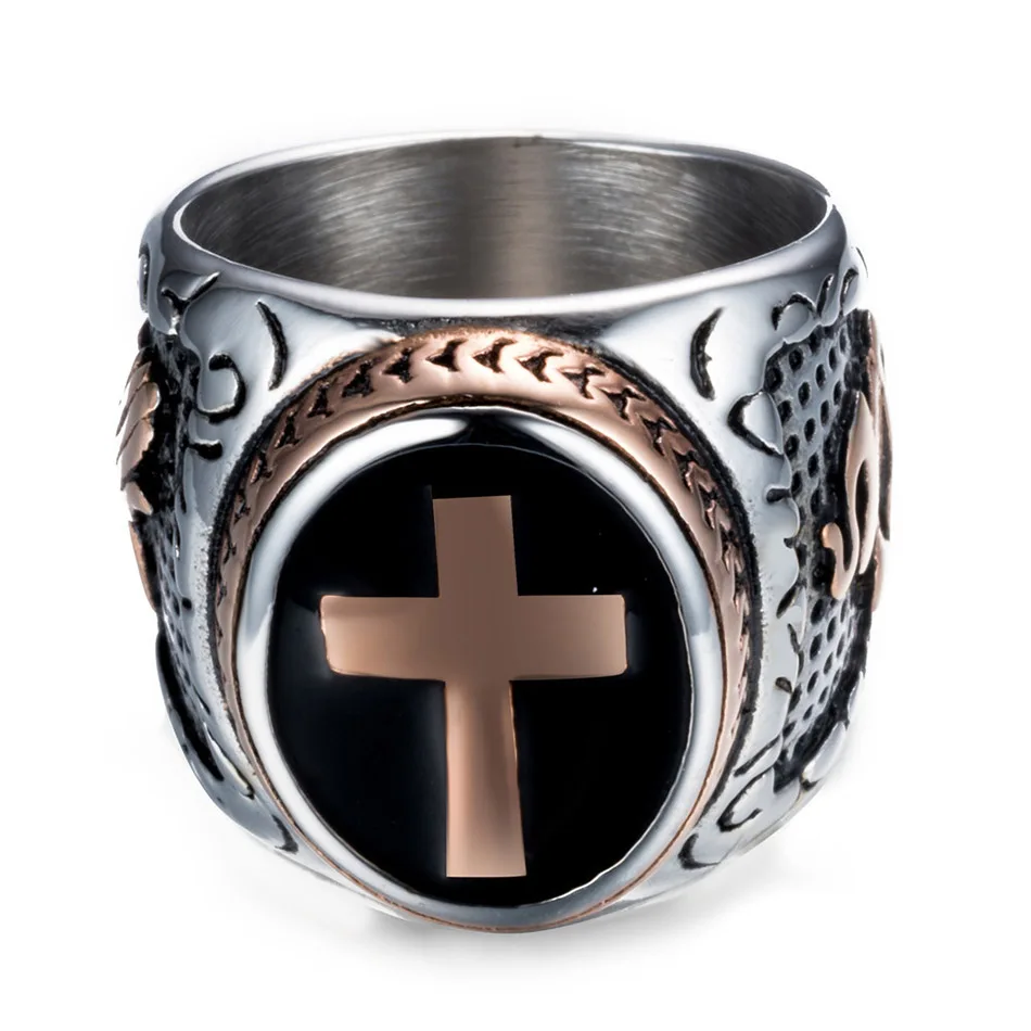 Liumo Vintage Rose Gold Cross 316L Stainless Steel Men Ring Male Ring Lr207