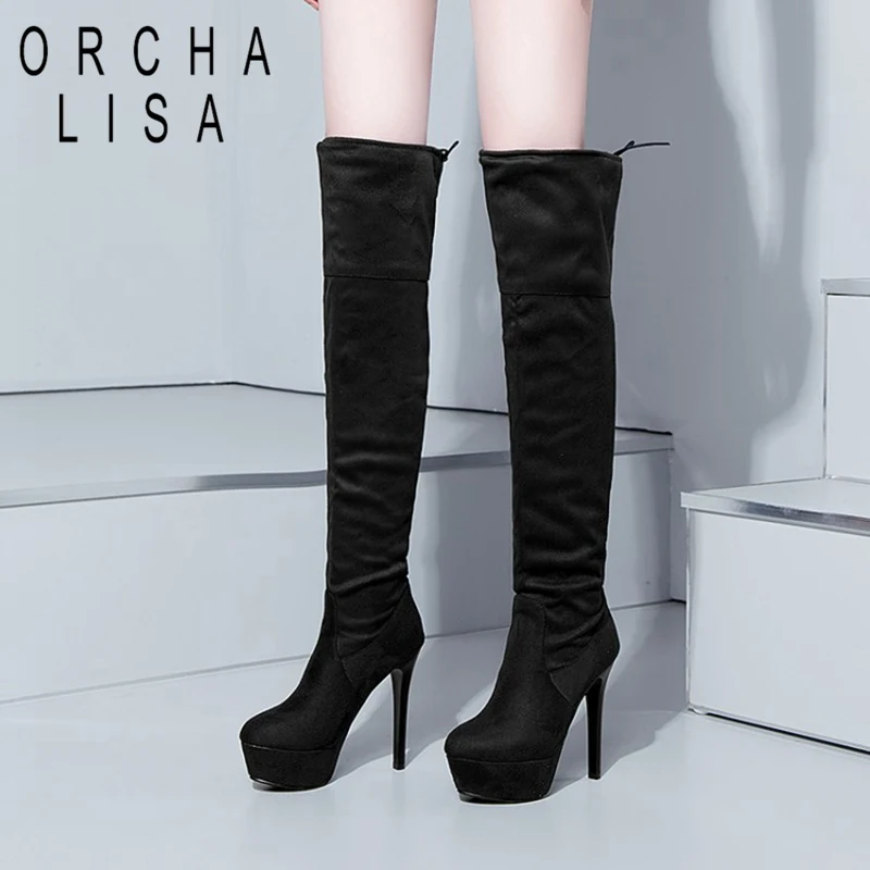 

ORCHA LISA Sexy over knee boots black thin heels Woman urtra High Heels 13cm long booties Lady thigh high boots slim botas mujer