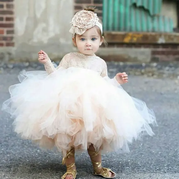 

Cute white/ivory/champagne tutu puffy tulle flower girl dress sheer lace ball gown tea length long sleeves baby gown for wedding