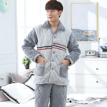 Новое поступление, зимний толстый теплый мужской фланелевый хлопковый пижамный комплект с длинными рукавами и отложным воротником, мягкая полосатая Мужская пижама L-XXXL