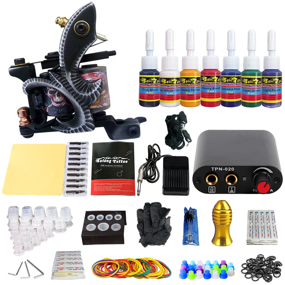 

Solong Tattoo Complete Tattoo Machine Set 7 Ink Needles Power Supply TK105-49
