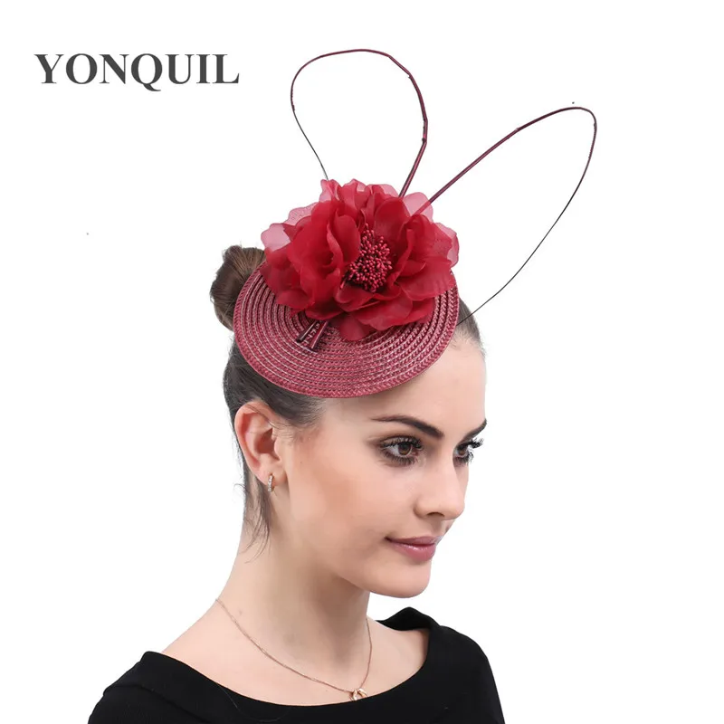 

Vintage Marron Fedoras Female Party Hats imitation straw Fascinator hair clips And Feathers Church Elegant Hats For ladies Women
