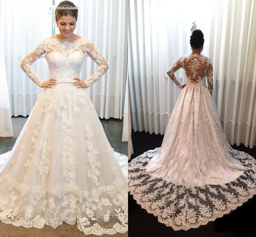 Illusion Wedding Dresses 2019 Long Sleeve Back Wedding Gown Plus Size robe de mariee Bridal Wedding Party Dress vestido de noiva Illusion Wedding Dresses 2019 Long Sleeve Back Wedding Gown Plus Size robe de mariee Bridal Wedding Party Dress vestido de noiva