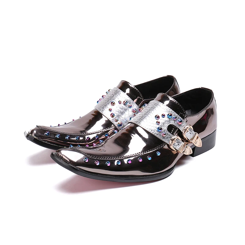 Золото Серебро из лакированной кожи в деловом стиле мужские туфли модные пряжки заклепки с квадратным носком клуб бар вечерние свадебные