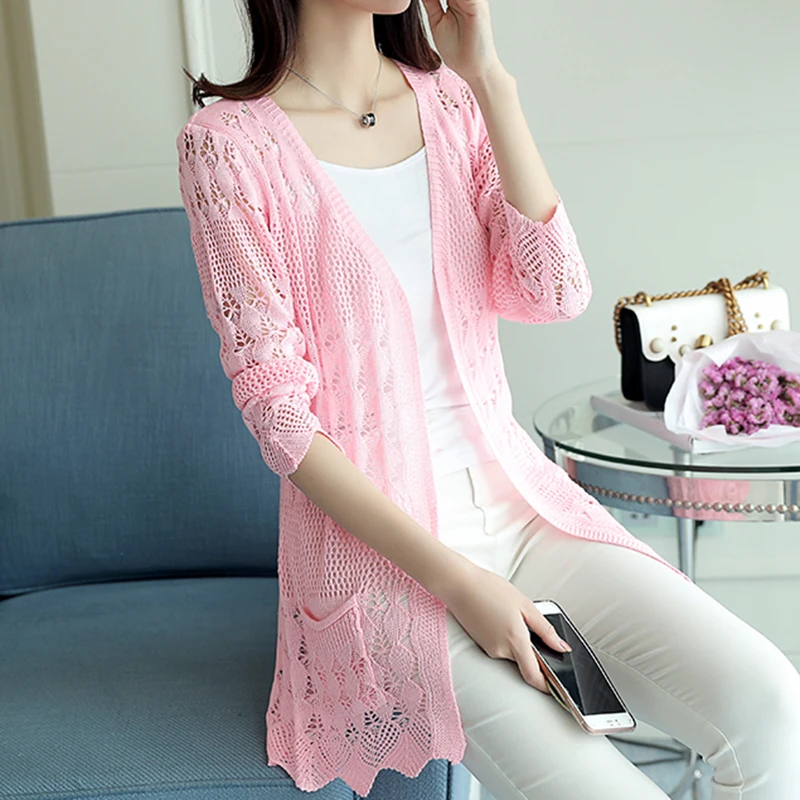 MLXSLKY Thin Cardigan Summer New Hollow Shawl Knitwear coat Air Conditioning Sunscreen Long 