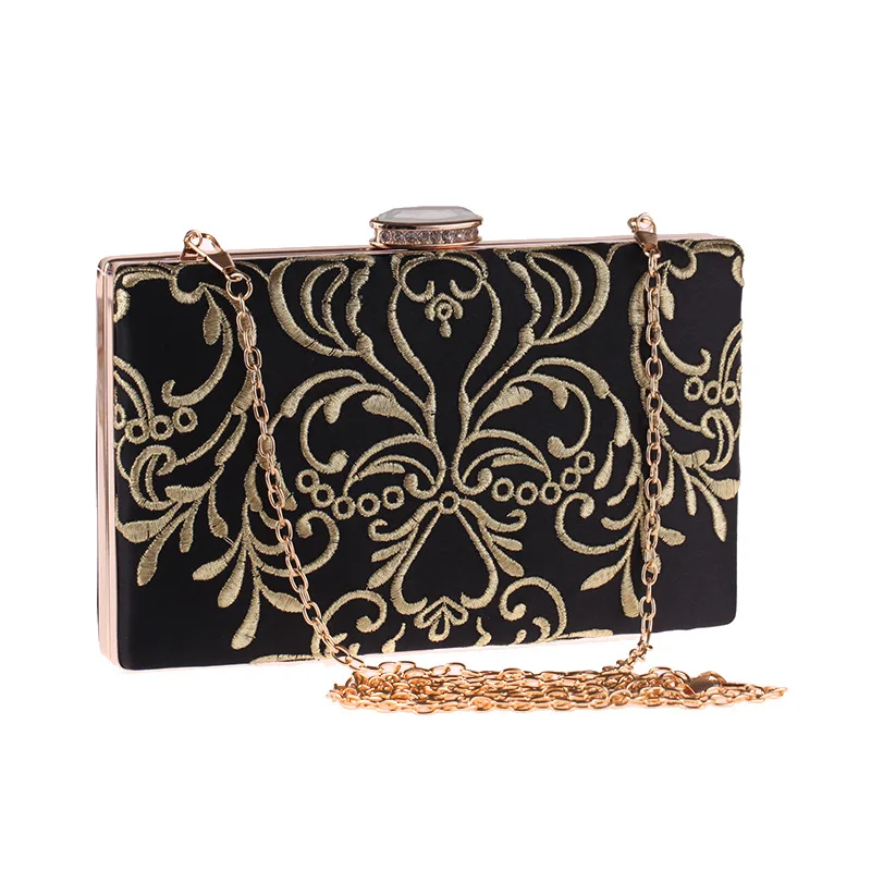 

2019 European and American Embroidered Black Evening Party Bag Polyester Craft Small Square Bag Women's Clutch Dress Handbag