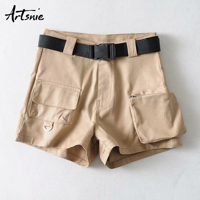 

Artsnie High Waist Casual Streetwear Black Women Shorts Summer 2019 Double Pockets Sashes Khaki Girls Biker Shorts Mujer
