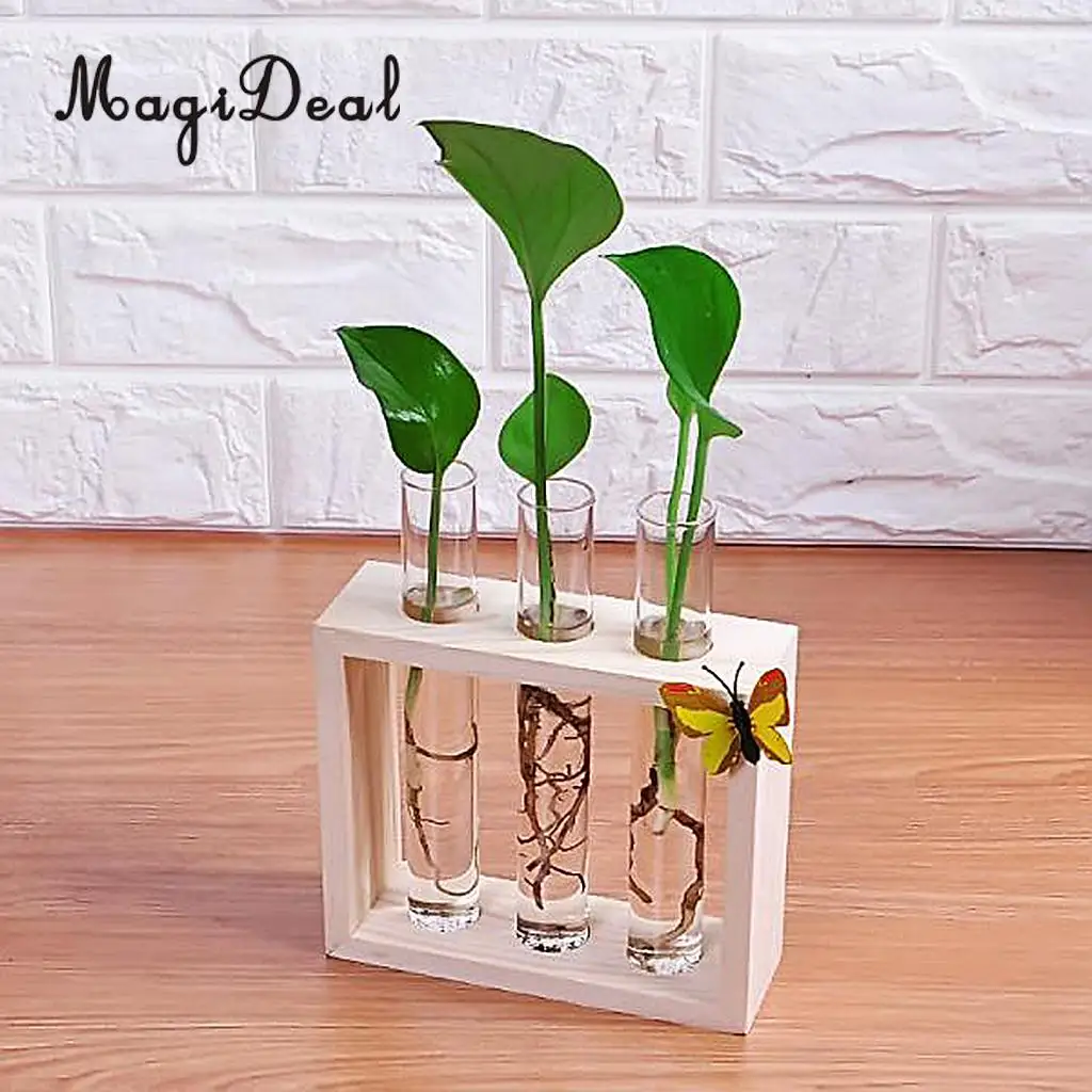 MagiDeal Хрустальная стеклянная ваза пробирки в деревянной подставке для цветов домашние декоративные растения аксессуары