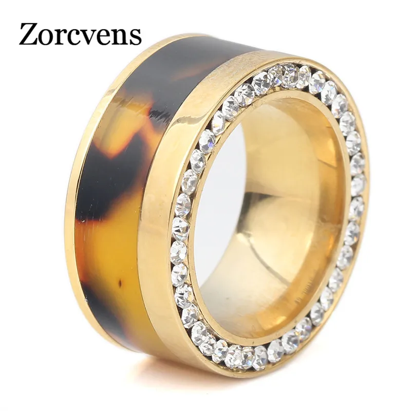 

ZORCVENS 10mm Width Brand Design Rhinestone 316L Stainless Steel Rings For Women Gold Color Wedding Jewelry