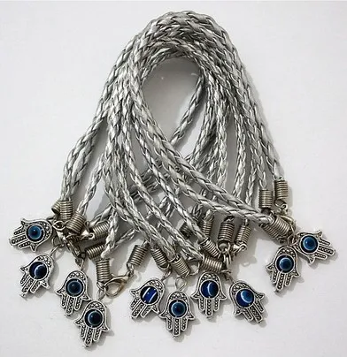 

Lot - 100Pcs HAMSA HAND "Evil Eye" Silver String Bracelets - Lucky Charm Pendant a00919