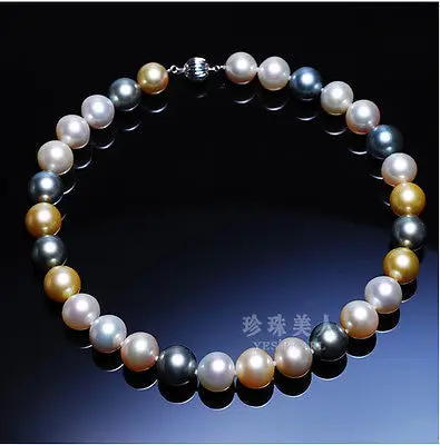 

HOT## Wholesale stunning 10-11mm tahitian round south sea multicolor pearl necklace 17incher luster