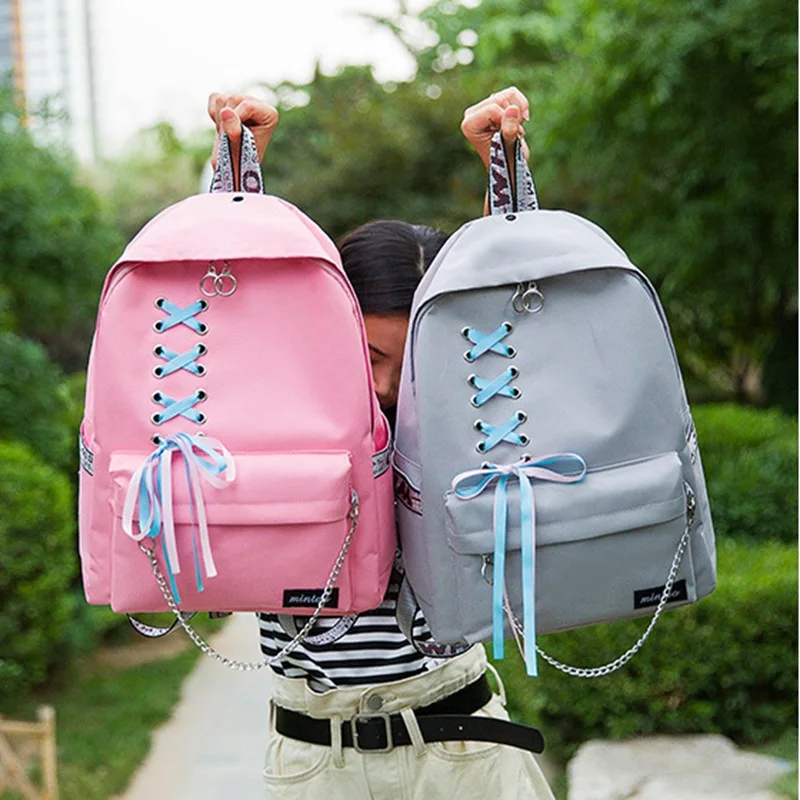 2018 Japan Harajuku Fashion Women Canvas Backpack Ribbons Bow Hanging
