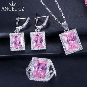 

ANGELCZ Silver Color Earring sNecklace Ring Girly Hot Pink Cubic Zircon White Stone Big Square Jewelry Set For Women AJ141