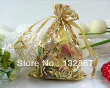 

100x charm yellow Organza Jewelry bracelet crafts Pouches Gift Bags For Wedding favours Bags Pouch with rose flower DIY 9*12cm