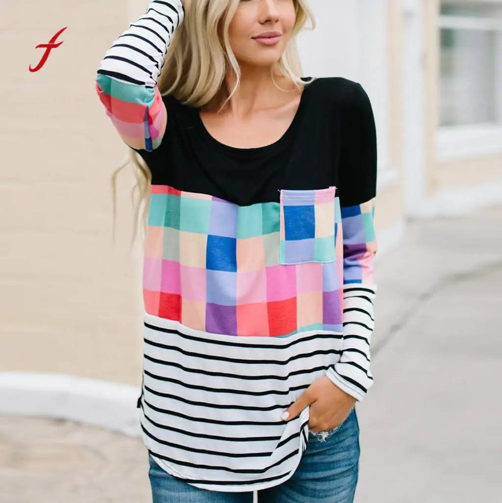 feitong High Quality T Shirt Women's Casual Stitching Stripe Multicolor Plaid Shirt Long Sleeve Women's Clothing T-shirt Tops