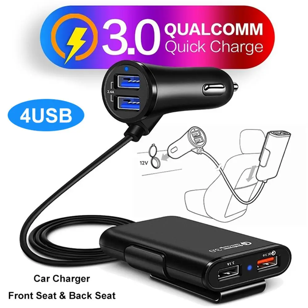 

Universal QC3.0 4 USB Port Front Back Seat Car Charger Cigarette Lighter Adapter