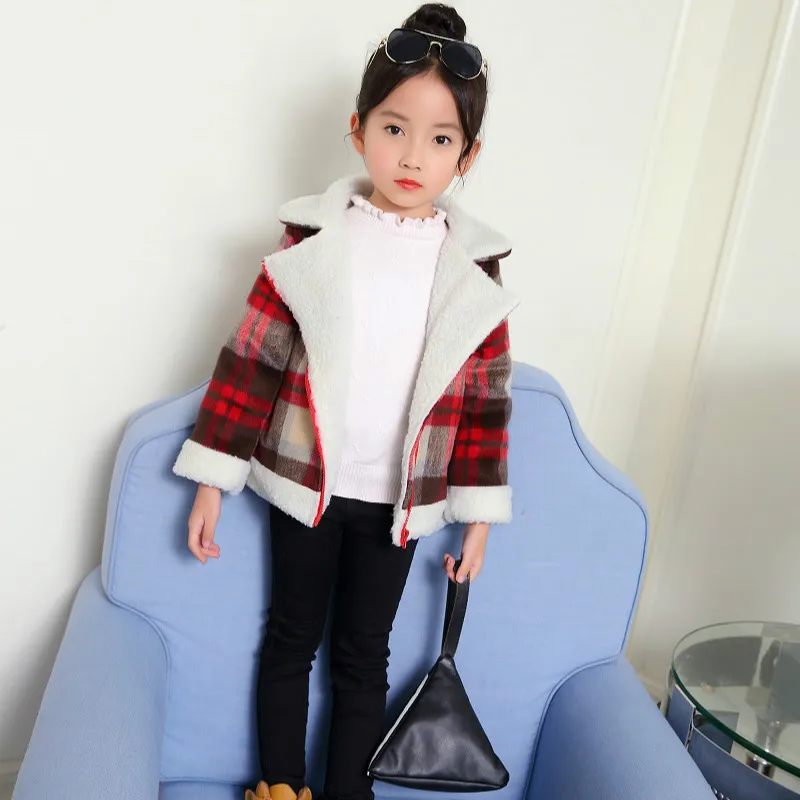 

2018 Fall Winter Girls Princess Woolen Coat Kids Short Plaid Spliced Velvet Jacket Children's Cute Wool & Blends Outerwear A778