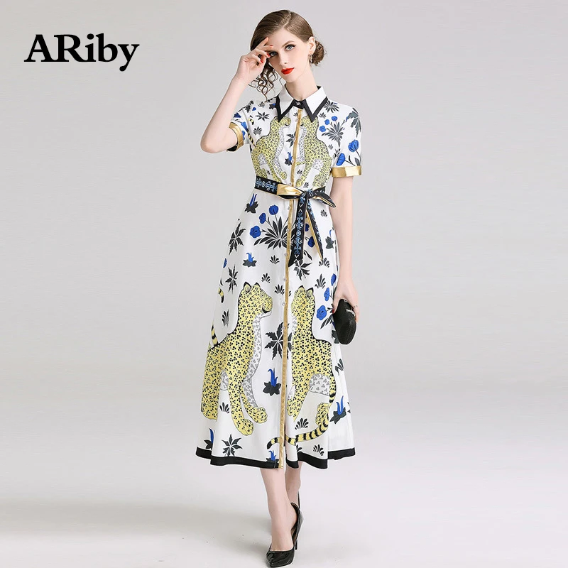 Women Dress Summer Turn-down Collar Dress 2019 New Casual Temperament Printing Single Row Buckle Short Sleeves A-Line Thin Dress