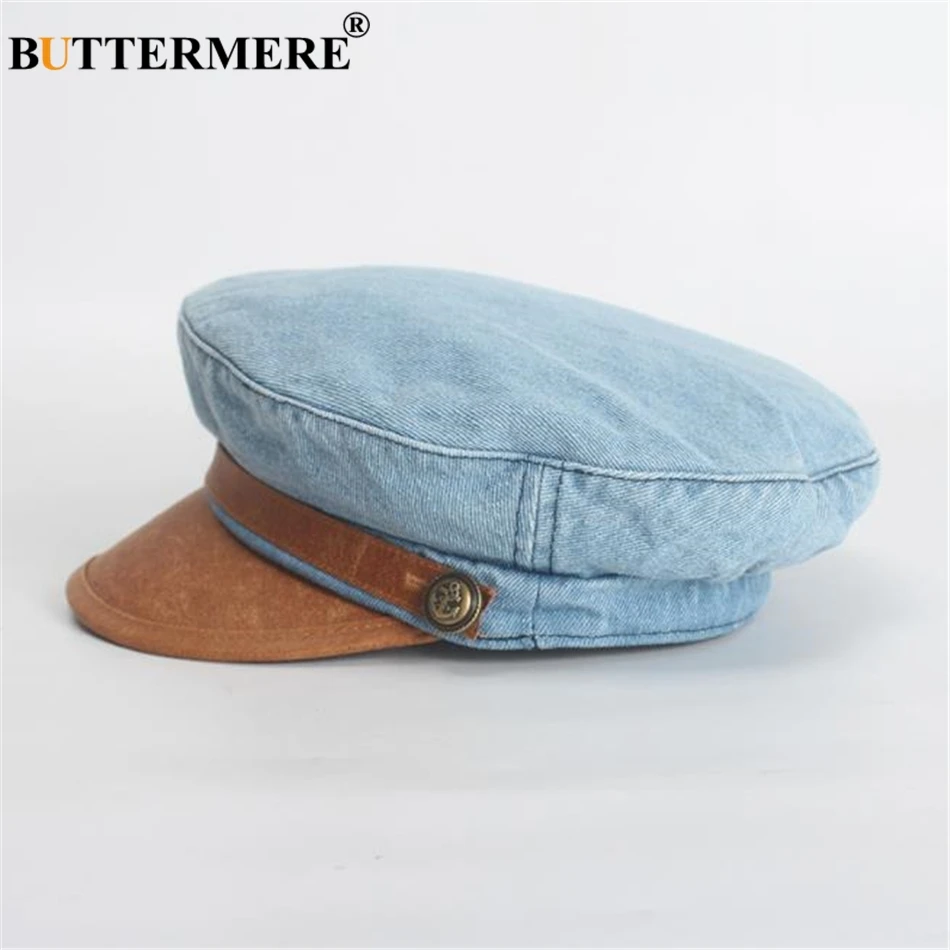Buttermere Denim Couro Retalhos Newsboy Boné Feminino Liso Retro Azul Casual Boina 2020 Primavera Marca Senhoras Baker Menino Chapéu