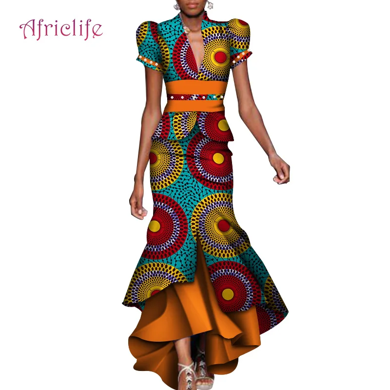 Двойка комплект AfricanWomen костюм с буфами на рукавах кроп топы грушей и длинная