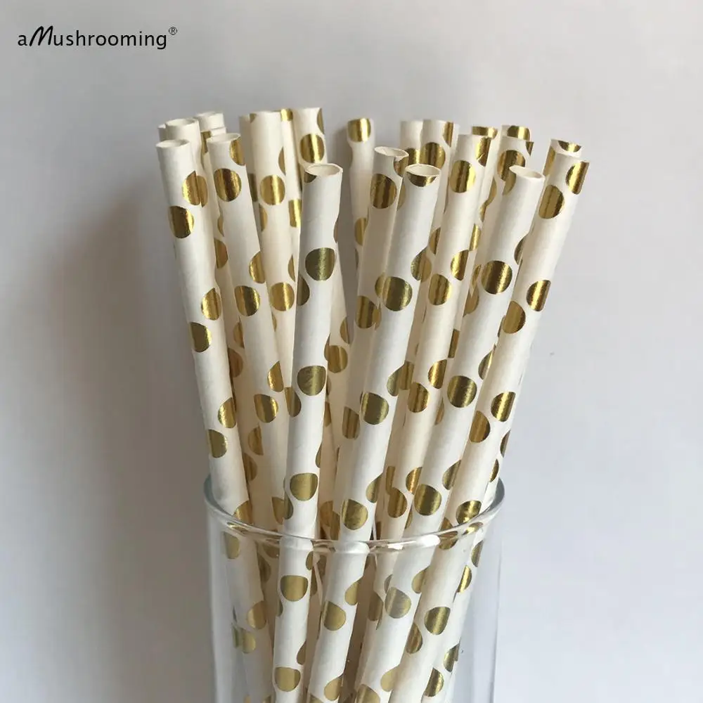 (25 pieces/lot) Gold Foil Polka Dots Paper Straws Gold Wedding Straw