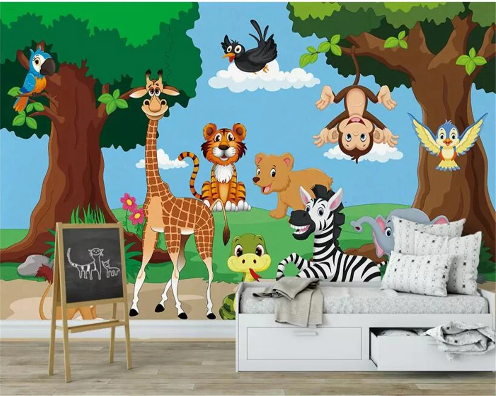 Beibehang Wallpaper For Kids Room Cartoon Forest Tiger Giraffe Monkey Animal Background Wall Papel De Parede 3d Wallpaper Mural Wallpapers Aliexpress