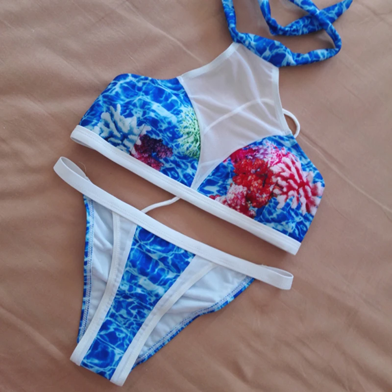 Sexy Gauze Halter Top Bikini Set 2016 Newest Design Printing Floral