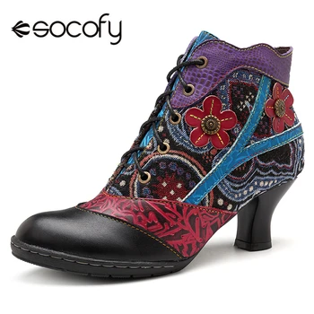 

Socofy Retro Bohemian Women Boots Genuine Leather Splicing Handmade Heel Flower Ankle Boots For Women Shoes Woman Spring 2020
