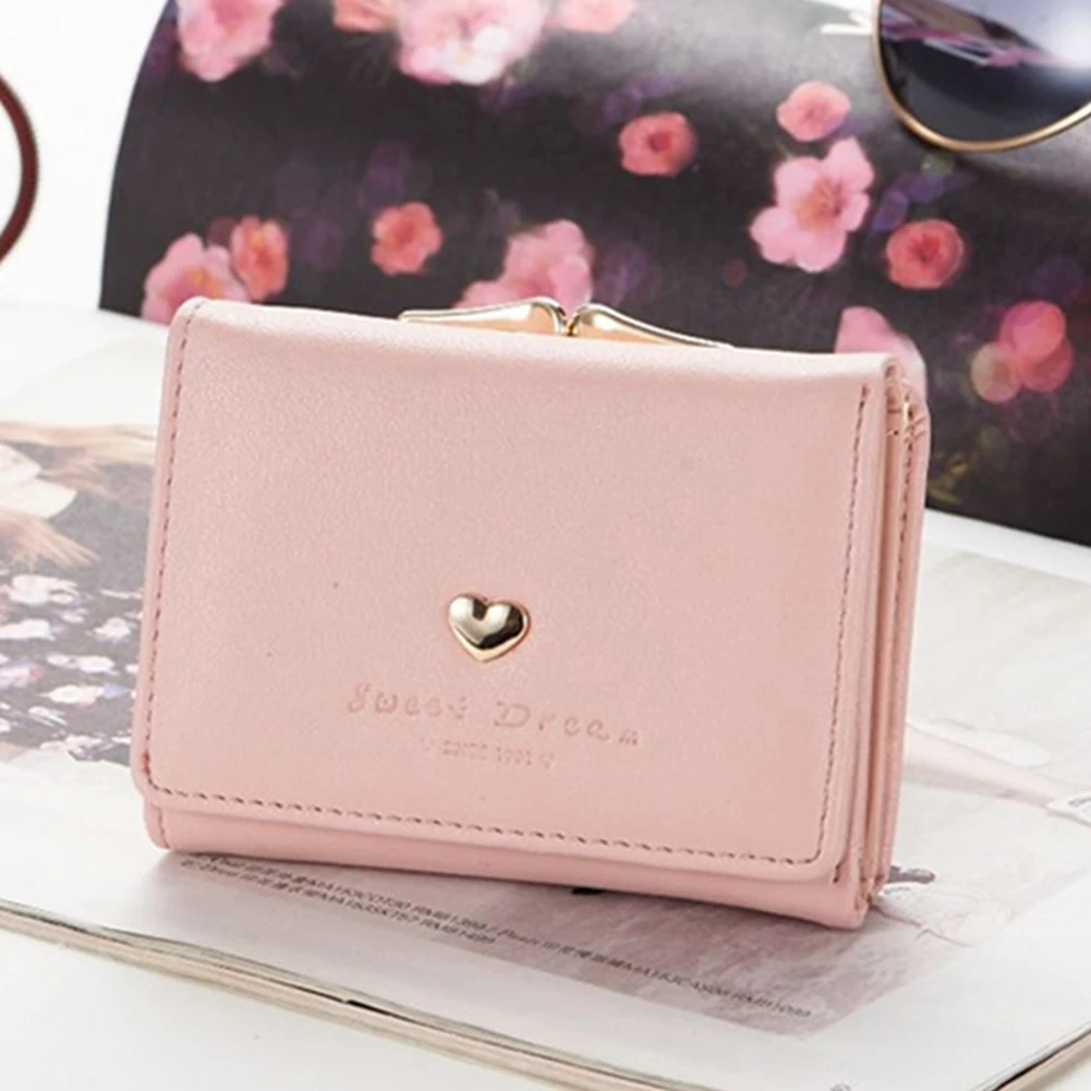 

Women Small Lock Love Heart PU Leather Card Holder Metal Frame Snap Closure Short Gift Wallet Tri-fold Clutch Purse Coin Pocket