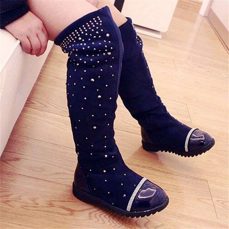 

ULKNN Winter Girls Boots For Kids Snow Shoes Children Boots Princess Over-the-Knee Round Toe Rhinestone Flock Rubber Slip-on