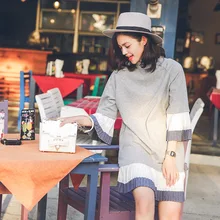 Европа и Америка новинка Весна темперамент Высокий воротник Длина рукав 44-45 свободные серые плиссированные боковое модное женское платье