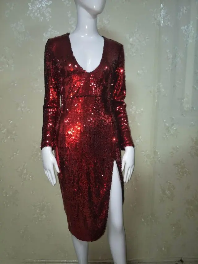 Элегантная Высокая мода сексуальные женские красный v-образный вырез с длинным рукавом облегающее платье длиной до пола