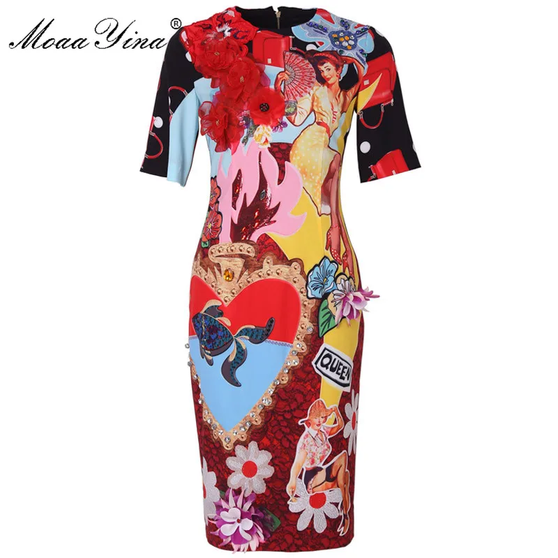 

MoaaYina Short sleeve Applique Beading Sequin Slim Elegant Floral-Print Dresses Fashion Designer Runway Dress Summer Women dress