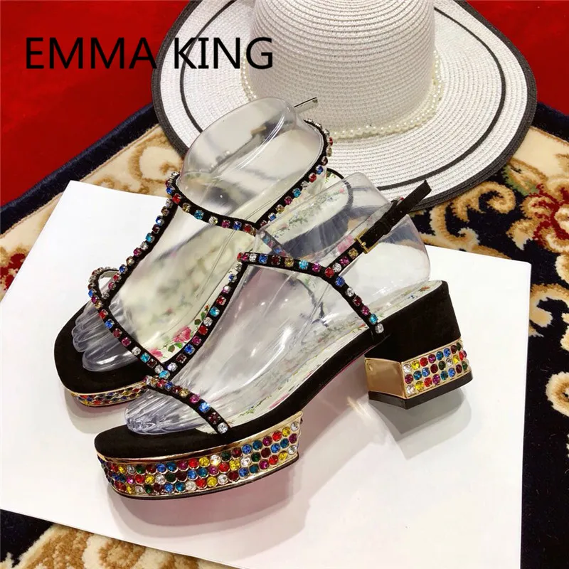 

New Crystal Prints Women Chunky Heel Sandals Open Toe Ankle Buckle Strap High Heels Ladies Platform Shoes Woman Gladiator Sandal