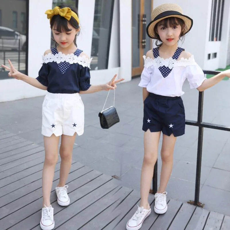 summer girls clothing sets children off-the-shoulder lace shorts pant two-piece girls clothing suit (3)