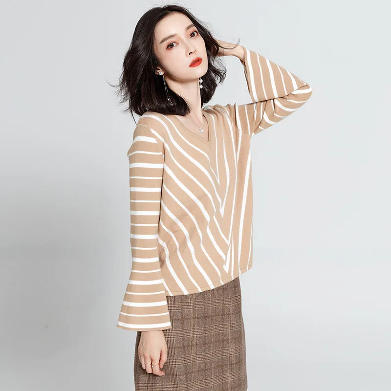2019 Autumn Women Clothing V-neck Knit Flared Sleeves Striped Contrast Pullover Korean Ladies Knitting Sweater BA0023 2019 Autumn Women Clothing V-neck Knit Flared Sleeves Striped Contrast Pullover Korean Ladies Knitting Sweater BA0023