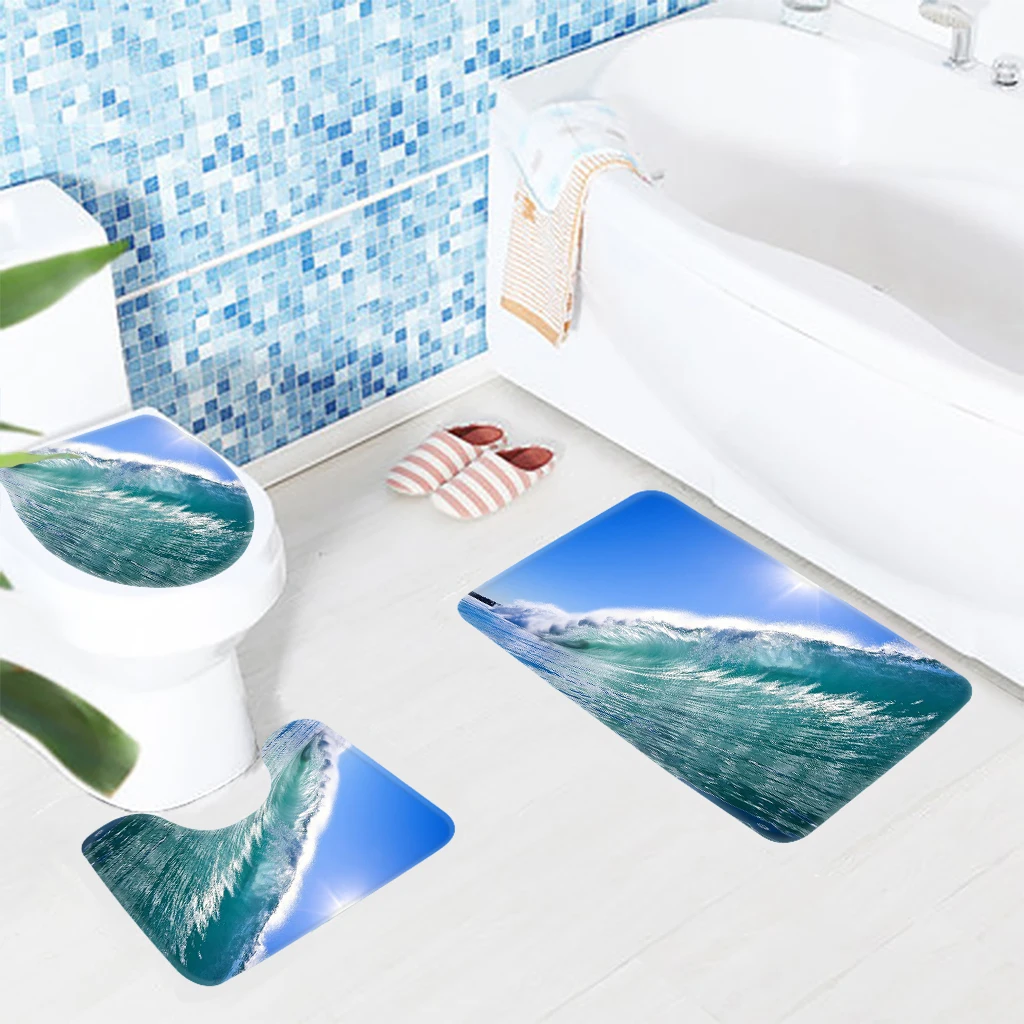 Bathroom Mat Sets 3pcs Waves Blue Sky Pattern Bath Mat Anti Slip Bathroom Rug Europe Shower Mat