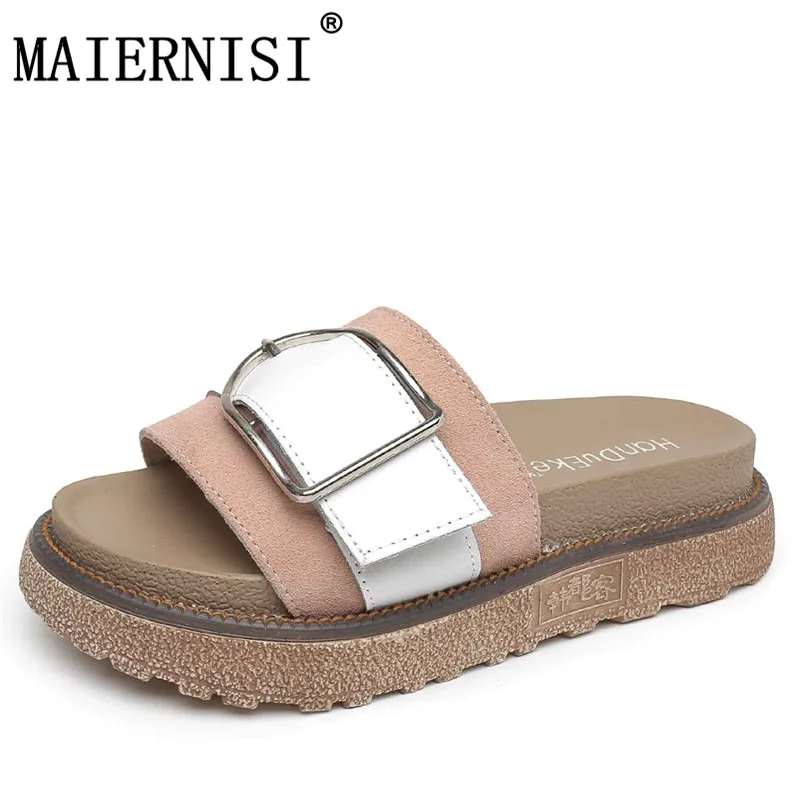 

Summer Women sandal Flat Slides Platform Sandals Genuine Leather open Toes Women Slides outdoor slippers size 34-43