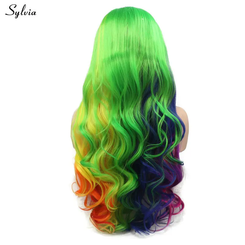 

Sylvia Long Party Wig for Girl Synthetic Lace Front Wigs for Women Bright Rainbow Colorful Wig With Green Yellow Purple Blue Wig