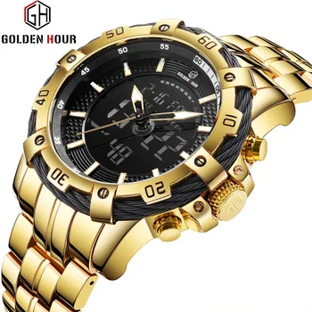 GOLDEN HOUR Men's Military Dual Time Analog & Digital Calendar Stainless Steel Chronograph Multifunction Quartz Watches