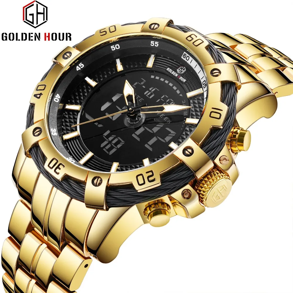 GOLDEN HOUR Fashion Dual Time Quartz Watch Men Digital Clock Calendar