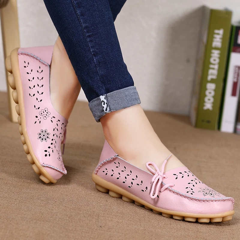 Flats Women Genuine Leather Shoes Woman Autumn Flat Shoes Women Loafers Slip On Moccasins Sapatos Feminino Casual Shoes - Color: Pink