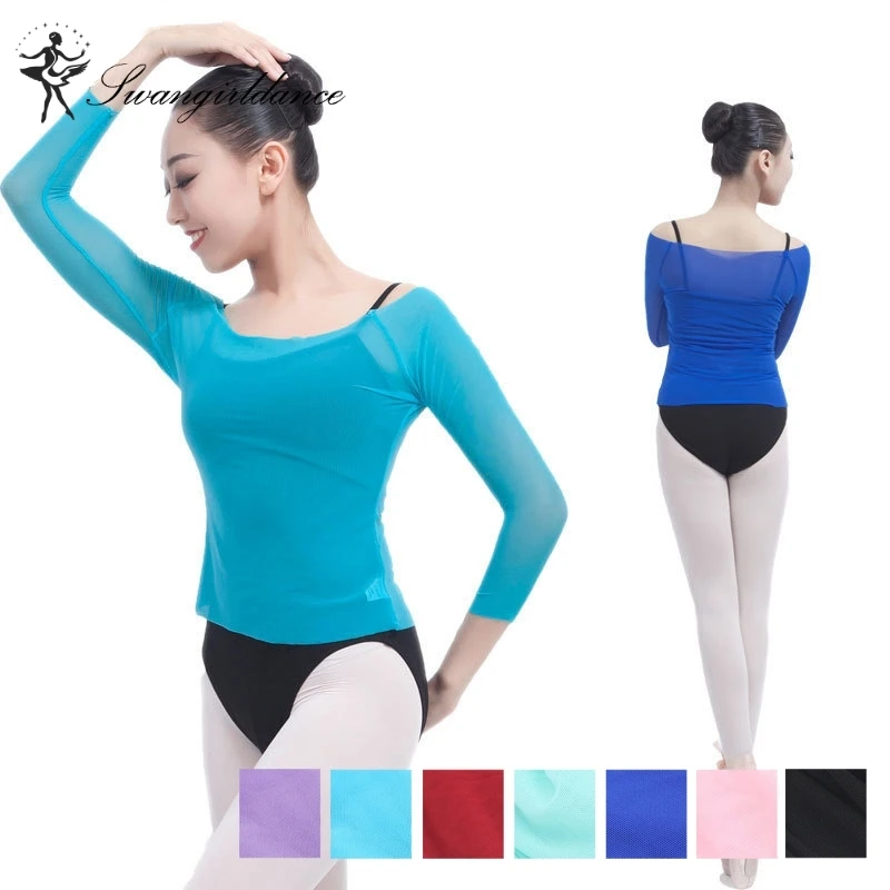 New Long Sleeve Dance Spandex Mesh Tops Ballet Dance Warm Up Tops Women