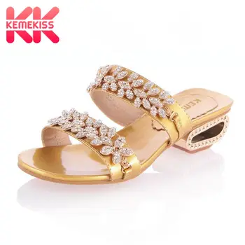 

KemeKiss Women Sexy Crystal Flower Sandals Open Toe Med Heels Slippers Summer Party Dating Sandals Size Woman Shoes 32-43