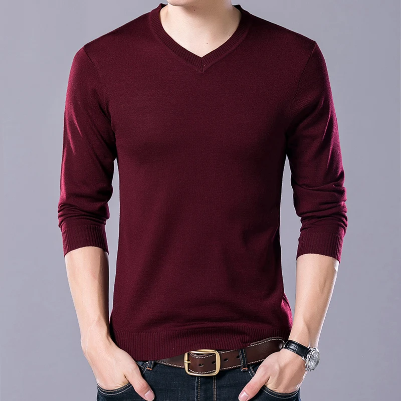 red MoneRffi мужской осенний тонкий шерстяной свитер офисный мужской Однотонный свитер с длинным рукавом v-образным вырезом Тонкий Мужской Повседневный свитер пуловер - Цвет: red