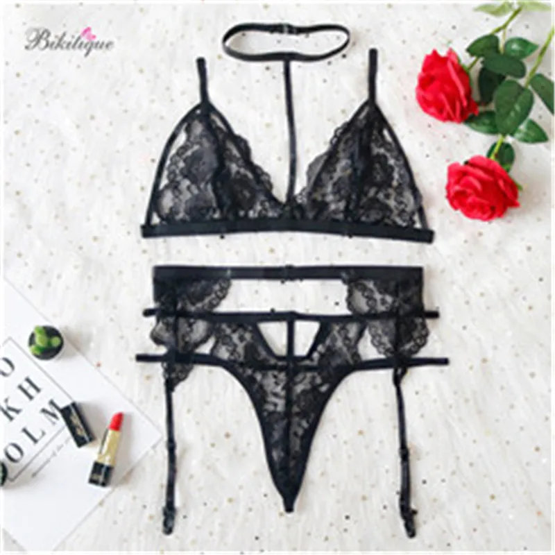 Underwear Bra Set For Women Sexy Transparent Bra + T pants + garter Women Sexy Lingerie Hot Lace Open Cup Bra Crotchless Sets