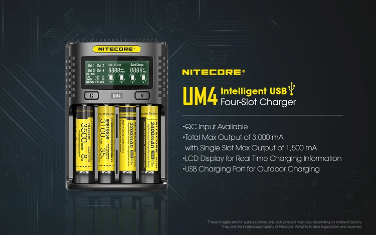 NITECORE UM4 интеллектуальное USB lcd зарядное устройство Li-Ion IMR LiFePO4 18650 14500 26650 автоматическое Универсальное зарядное устройство s