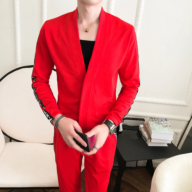 Сексуальный мужской комплект с глубоким v-образным вырезом,, осенняя рубашка с длинным рукавом и брюки, черный, красный цвет, облегающие мужские брюки - Цвет: Red